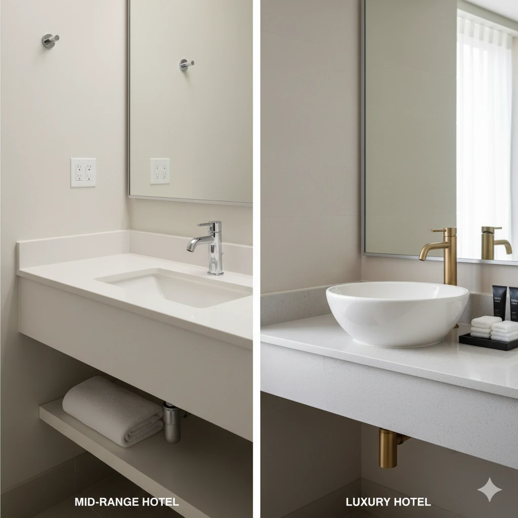 Solid surface sinks for mid-range hotels and quartz sinks for luxury resorts, matching durability, design, and maintenance needs for optimal ROI.