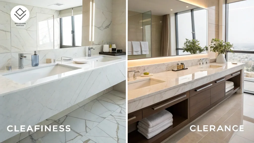 Quartz vs marble bathroom countertops showing quartz resisting stains and spills, marble prone to staining from acids and oils in busy hotel bathrooms.