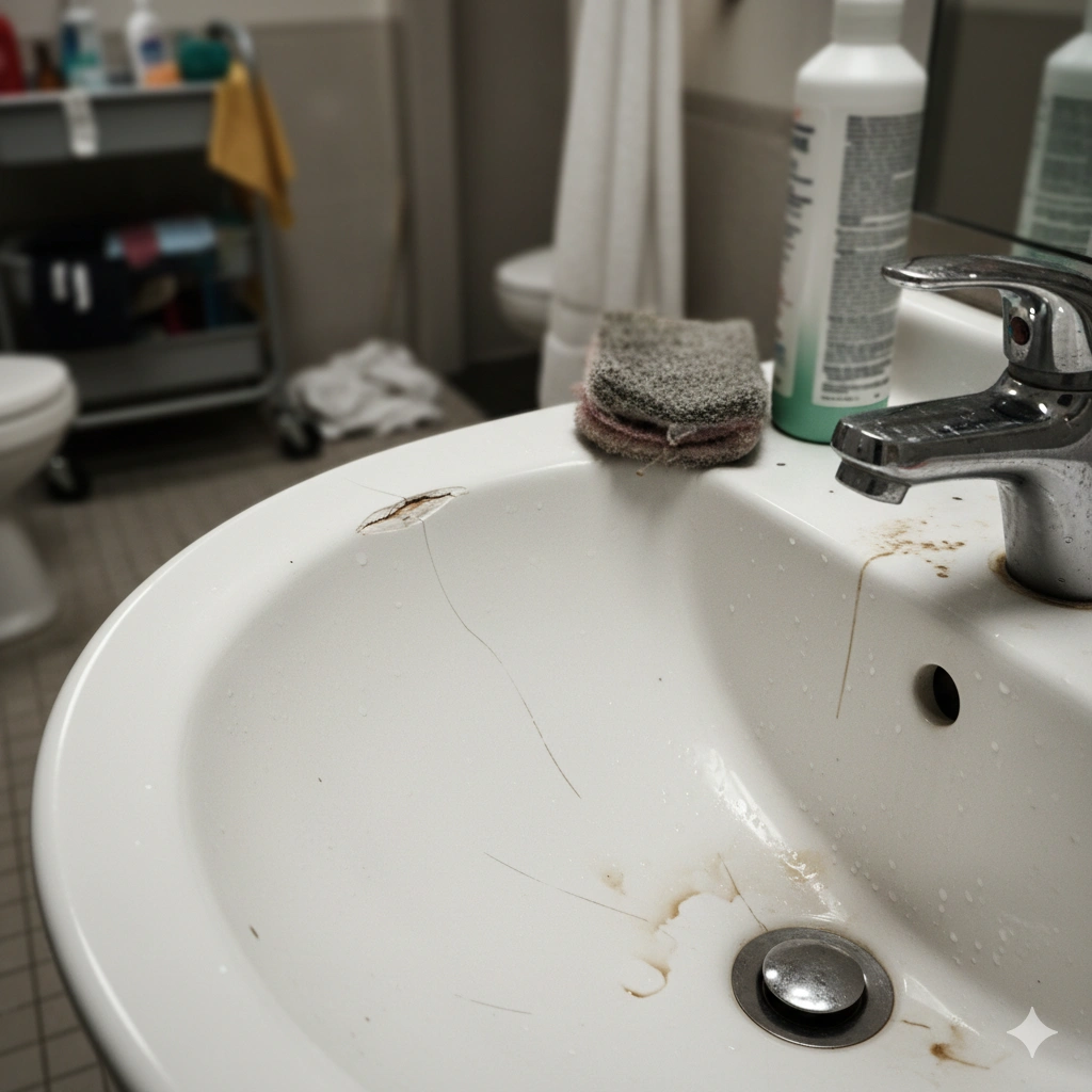 Ceramic bathroom sink showing lower durability and higher porosity, prone to chipping and scratching, increasing maintenance in hotel and commercial bathrooms.