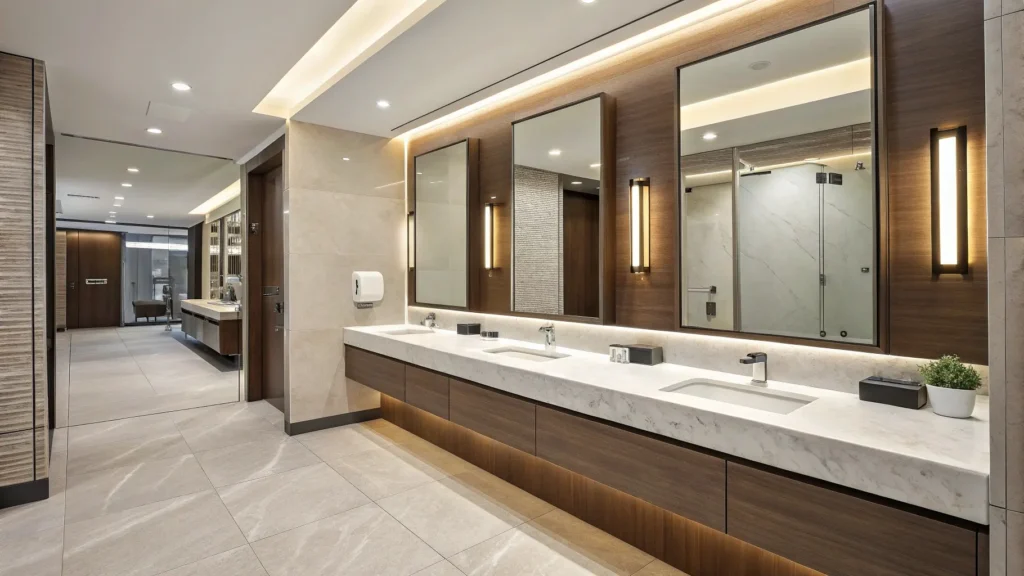 Quartz countertop in commercial setting enduring heavy daily use, spills, and impacts, maintaining durability and low maintenance for hotels and restaurants.