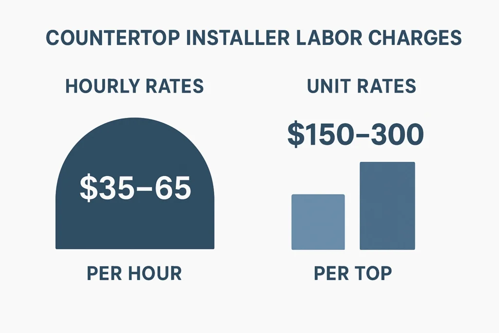 Graphic showing countertop labor costs with hourly rates of 35 to 65 dollars and large hotel project unit rates of 150 to 300 dollars per top depending on design complexity and location.