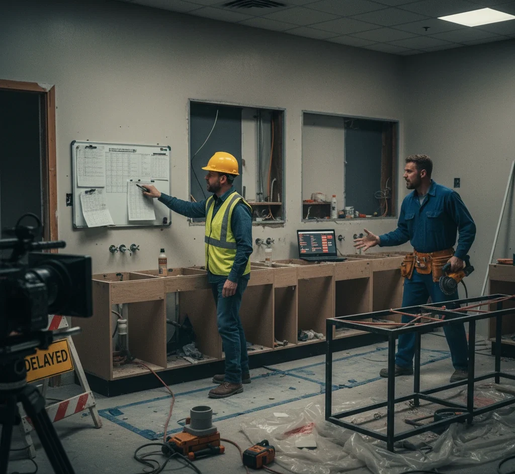 Illustration showing labor costs for large-scale bathroom vanity installation, with prefabricated units costing 150 to 450 dollars per unit and complex custom installs reaching 1,000 dollars, plus tasks like cabinet setting, countertop securing, and plumbing connections.