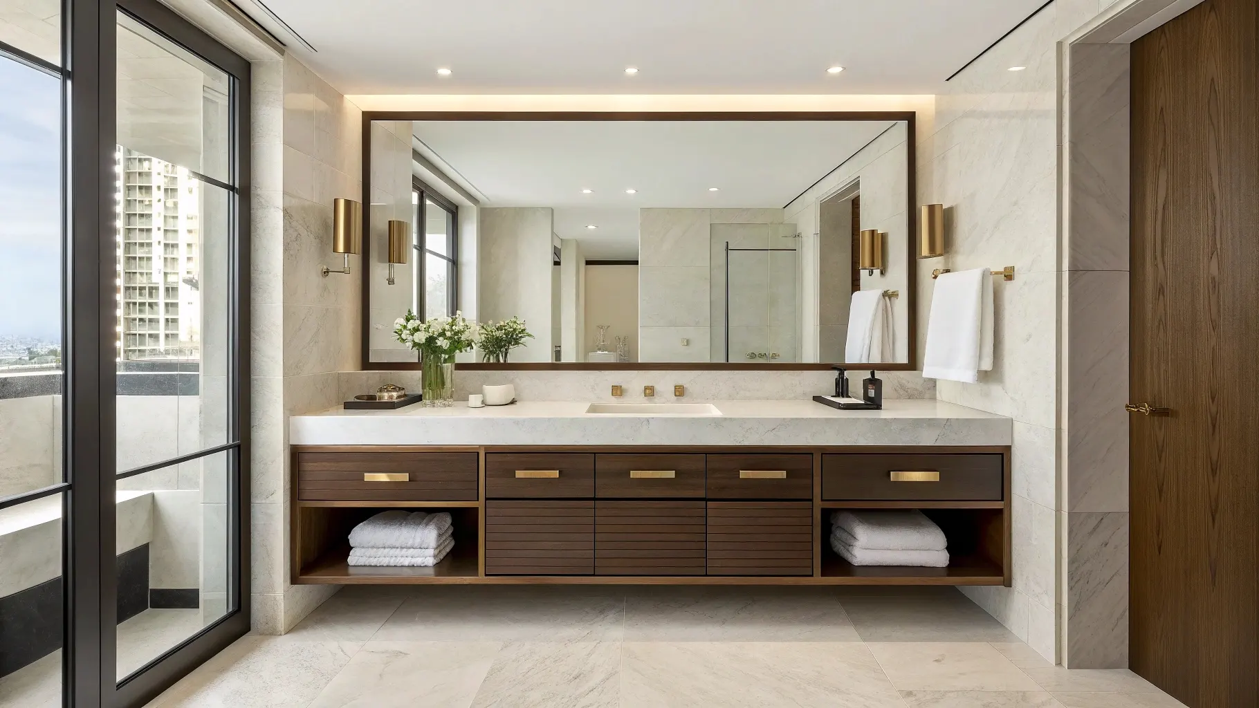 Luxury hotel bathroom with a large custom floating double vanity, dark wood finish, light marble top, and premium hardware, creating an exclusive, high-end impression.