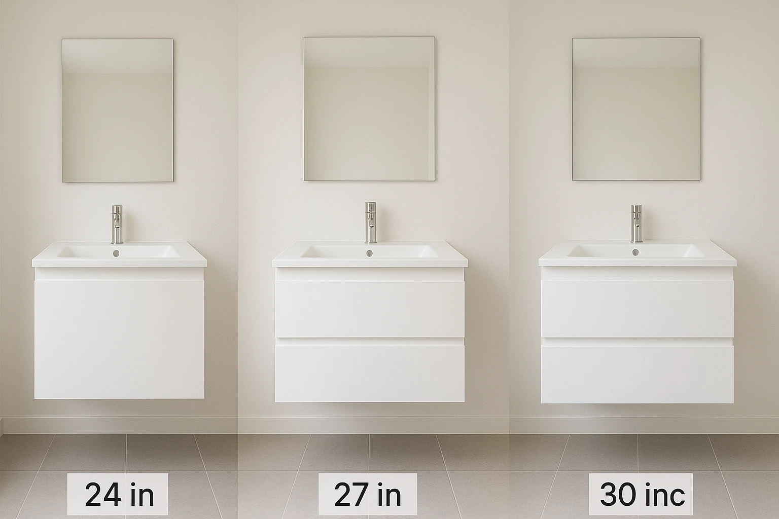 Side-by-side 24-inch and 30-inch small bathroom vanities in a modern hotel bathroom, showing ideal sizing, smart layout, and efficient use of space.