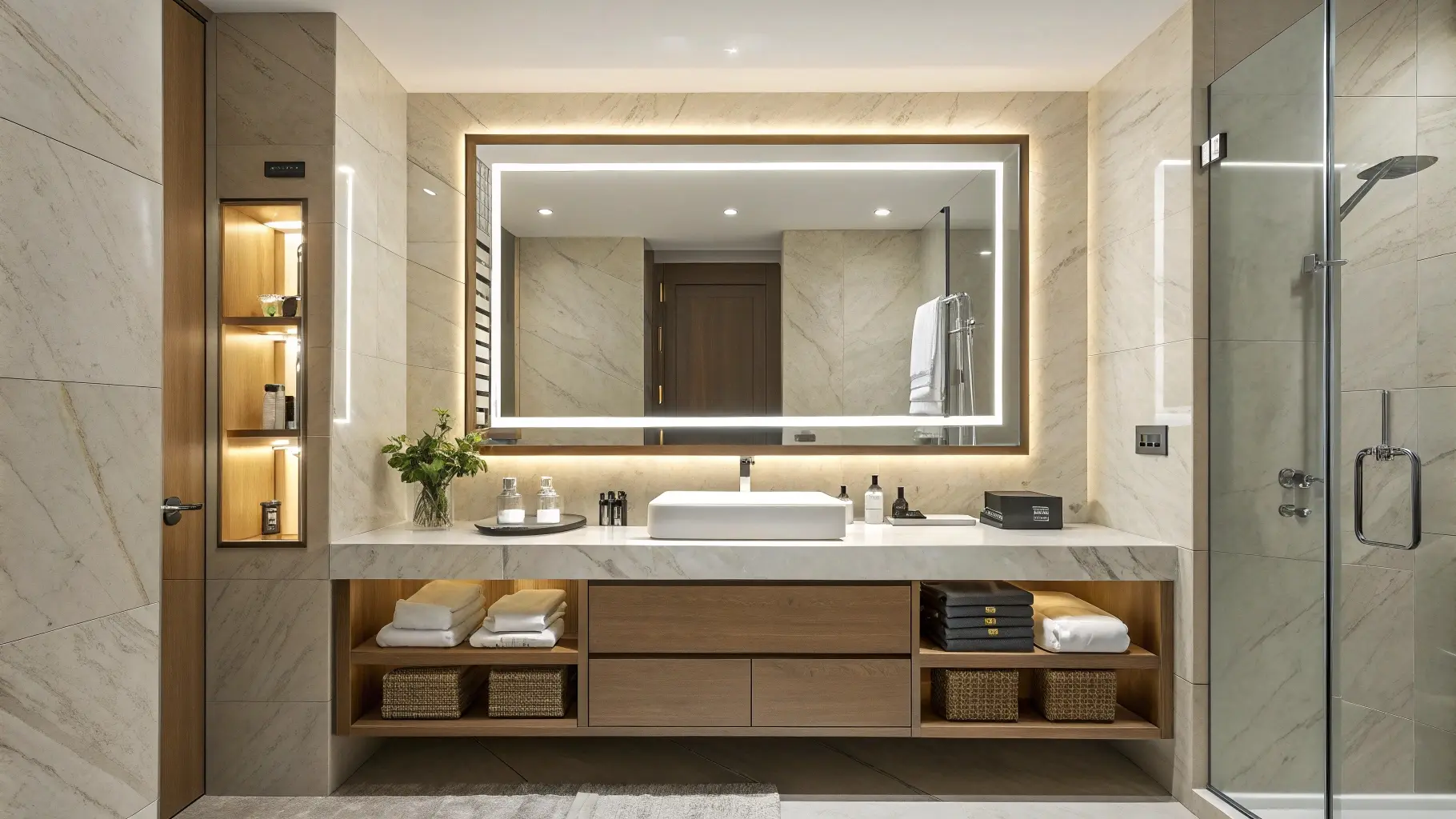Smart double vanity with LED mirror, adjustable lighting, and anti-fog technology providing convenience and a premium guest experience in a modern bathroom.