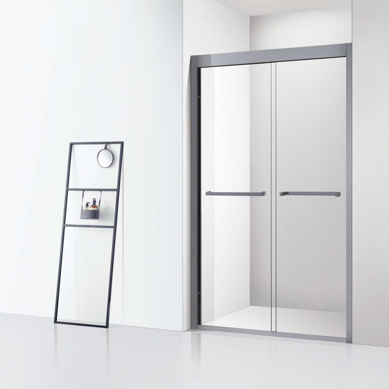 Minimalist luxury sliding glass shower door – matte silver finish with smooth rollers. Minimalist luxury sliding glass shower door – matte silver finish with smooth rollers.
