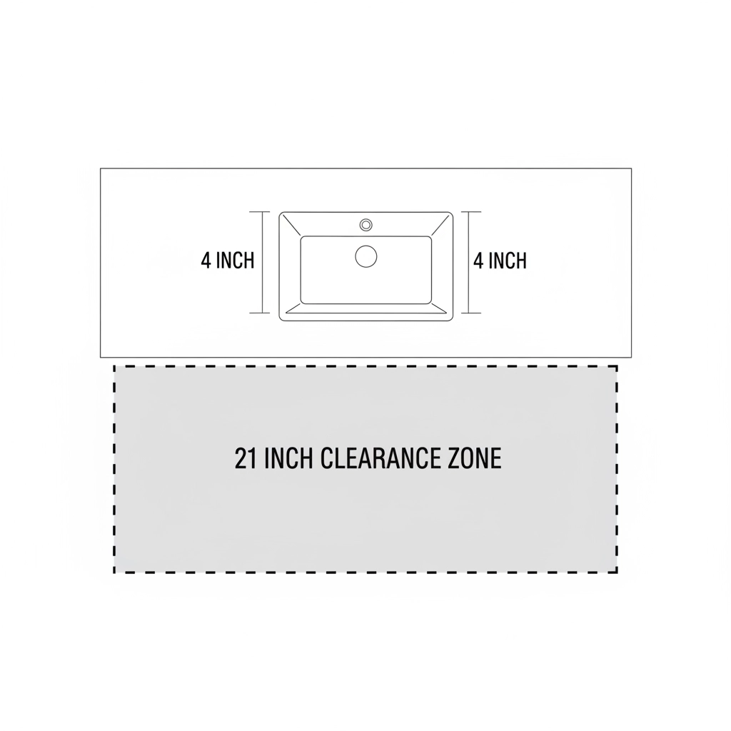 Diagram showing required bathroom sink spacing with at least 4 inches of counter space on each side of the bowl and 21-inch front clearance for comfortable use.