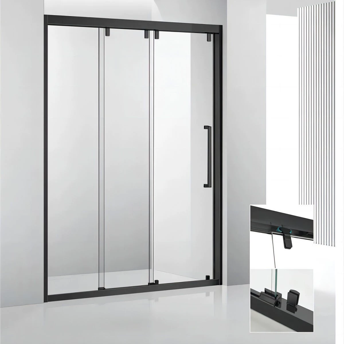 Minimalist sliding shower door with clear tempered glass – Modern three-panel shower enclosure Minimalist sliding shower door with clear tempered glass – Modern three-panel shower enclosure