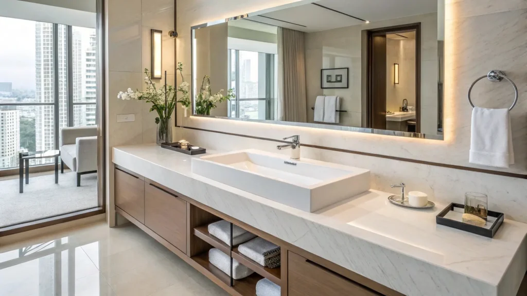 Modern rectangular bathroom sink maximizing counter space and matching minimalist hotel and apartment bathroom designs.
