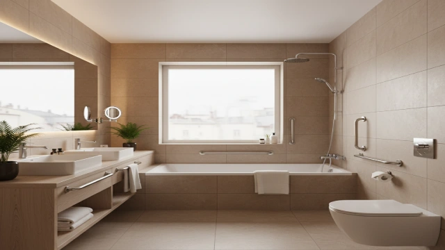 European hotel bathroom featuring a walk-in bathtub with grab bars and anti-slip flooring, demonstrating accessibility and luxury.