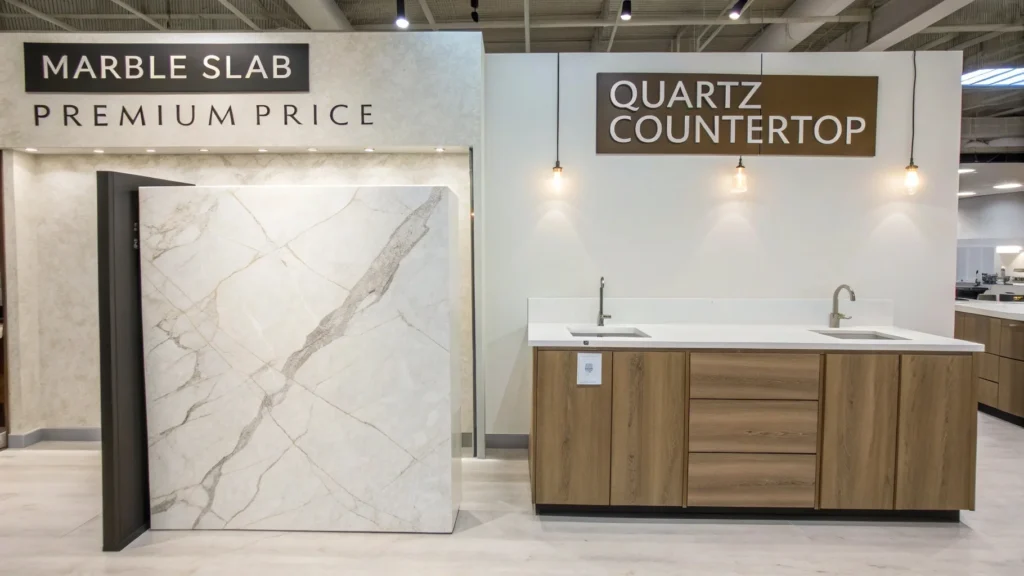 Quartz and marble bathroom countertops comparing cost, with quartz offering similar aesthetics at lower price than marble for hotel projects.