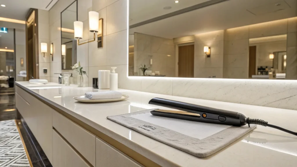 Quartz bathroom countertop showing heat resistance limits, with a trivet protecting the surface from hot styling tools to prevent thermal shock.