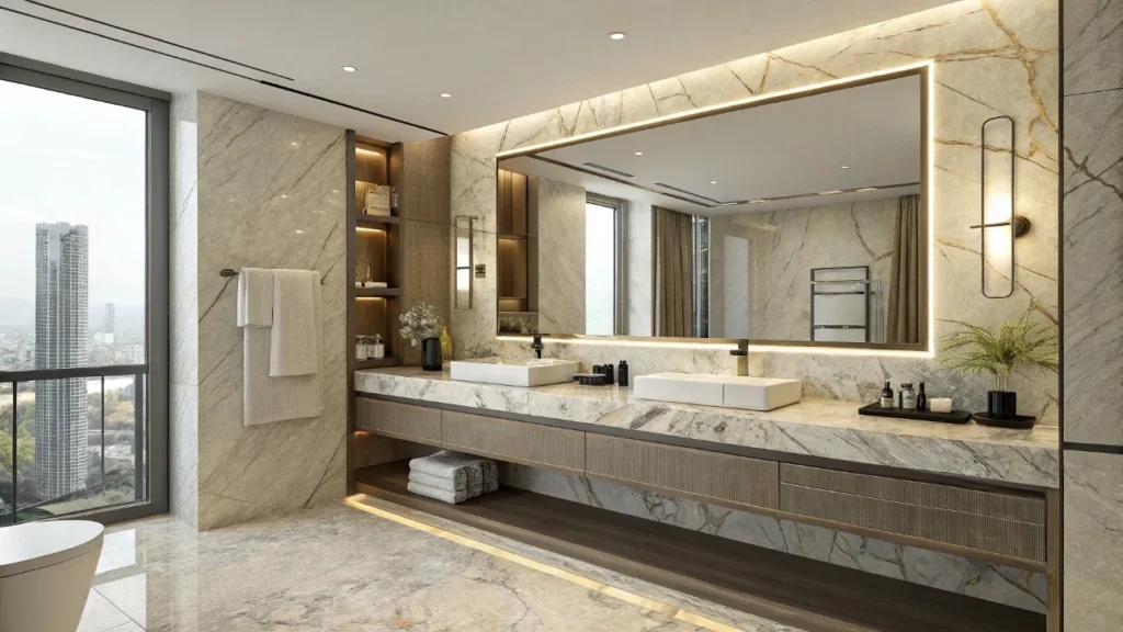 Cost overview of granite bathroom countertops in large hotel projects showing 600 to 1,500 dollars per unit including slab, fabrication, multi-person installation, and sealing, with pricing influenced by granite grade and rarity.