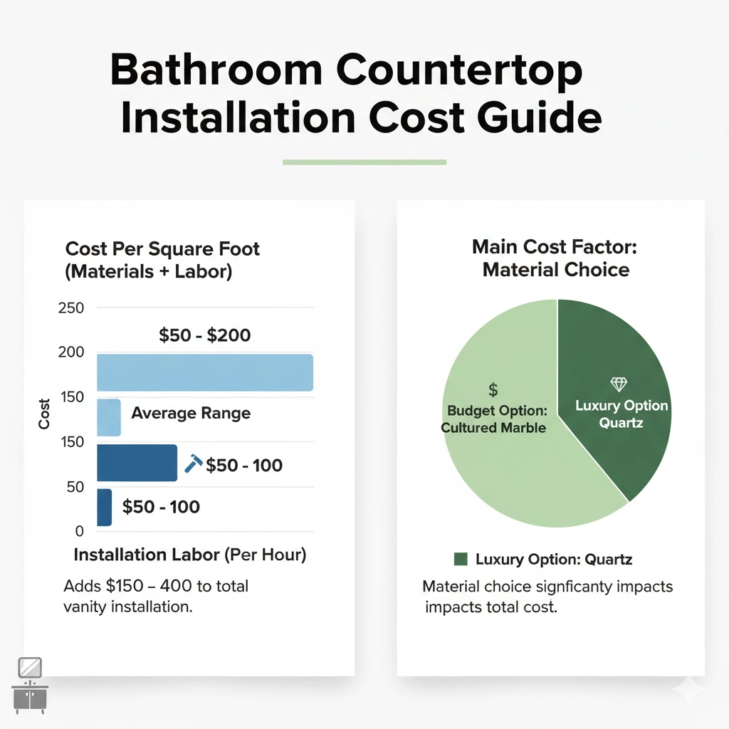 Graphic showing bathroom countertop costs of 50 to 200 dollars per square foot, plus 50 to 100 dollars per hour labor adding 150 to 400 dollars, with material choices like cultured marble and quartz influencing the total budget.