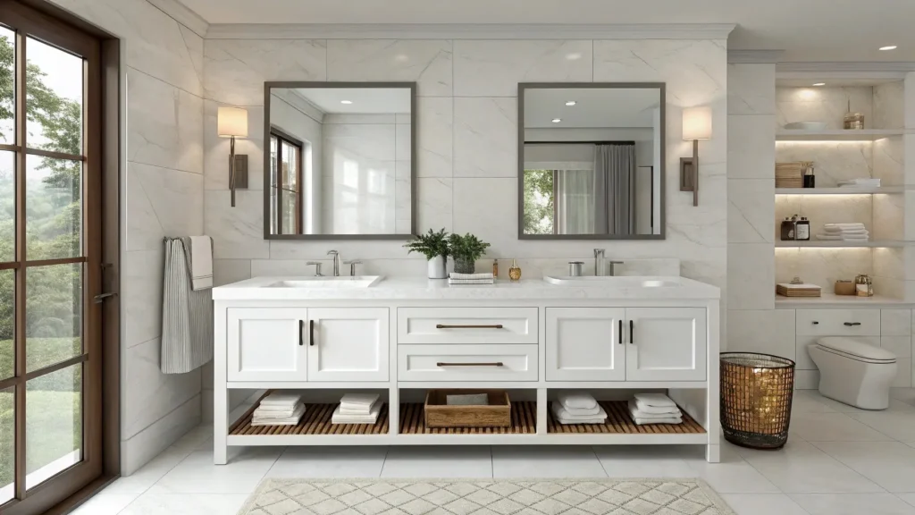 Compact double vanity in a small hotel bathroom showing limited counter space between two sinks, highlighting design and functionality challenges.