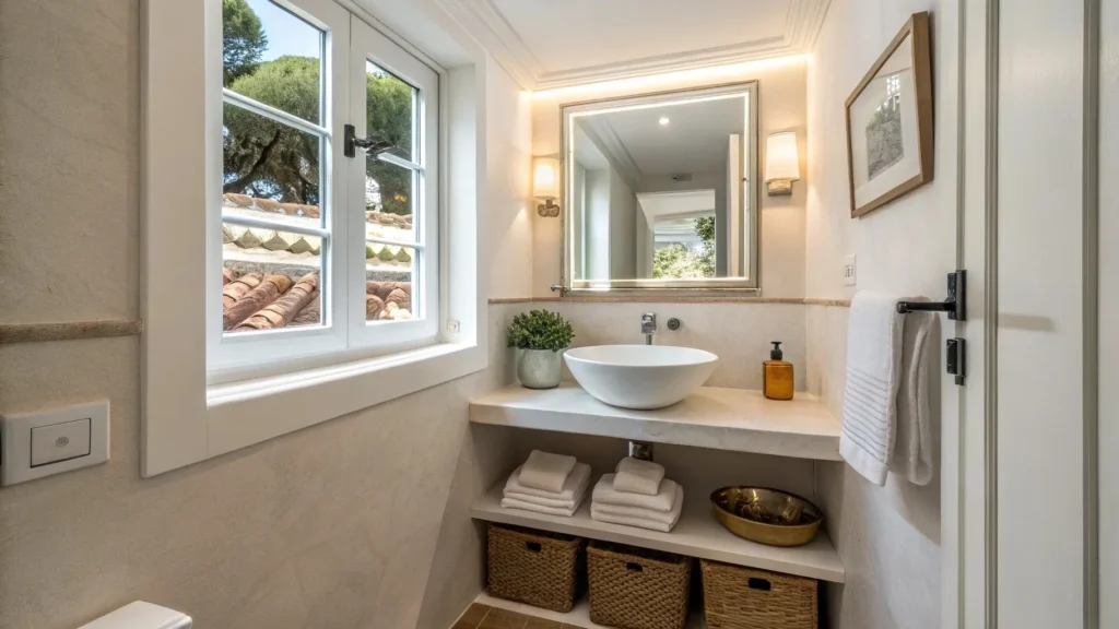 Illustration of small bathroom sink options showing a narrow but deep basin and corner sink design to maximize space and improve functionality in compact guest bathrooms.