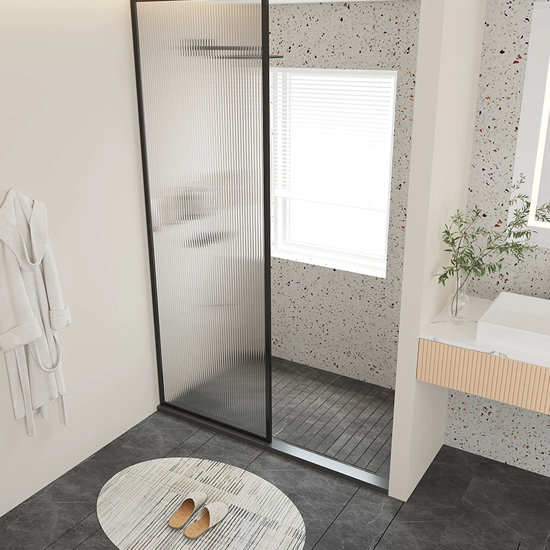 F-002 Corrugated Tempered Glass Shower Screen — Matte Black with Striped Privacy Screen and Small Space F-002 Corrugated Tempered Glass Shower Screen — Matte Black with Striped Privacy Screen and Small Space