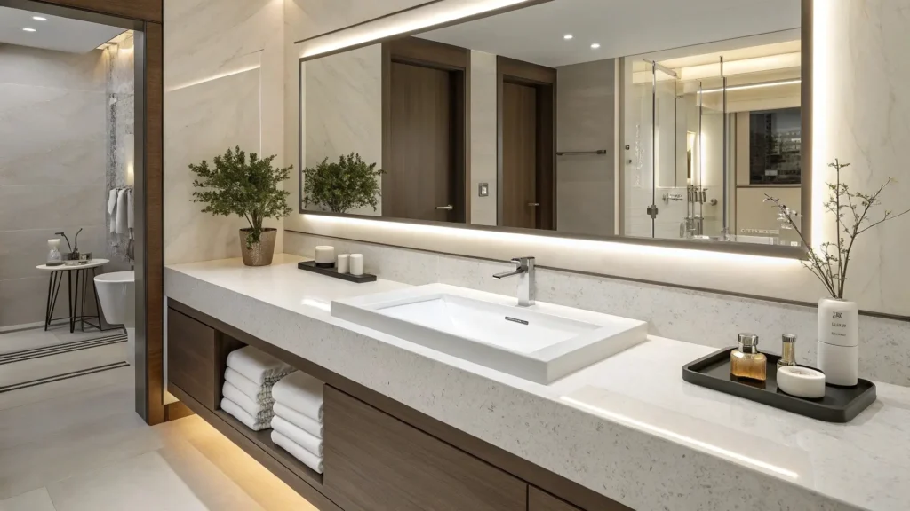 Undermount bathroom sink with sleek modern design, offering easy cleaning and long-term durability ideal for hotel and apartment projects.