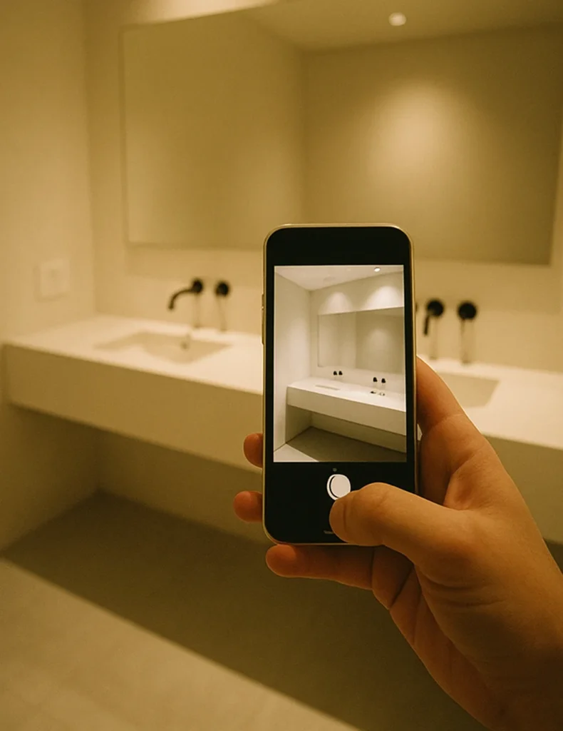 Elegant hotel double vanity with luxury finishes and refined details, creating a premium brand image and enhancing guest satisfaction and review scores.