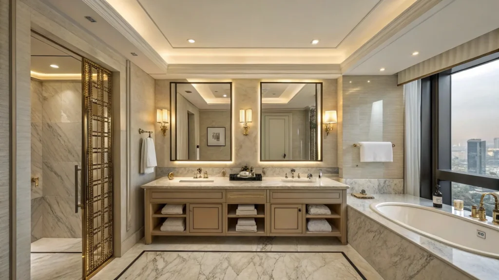 Illustration comparing single and double bathroom sink layouts, showing when double vanities are suitable for luxury suites or family rooms and when a single well-designed sink is sufficient.