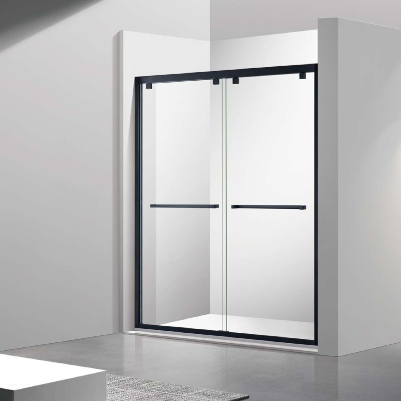 Minimalist luxury sliding glass shower door – black frame with smooth-rolling wheels. Minimalist luxury sliding glass shower door – black frame with smooth-rolling wheels.