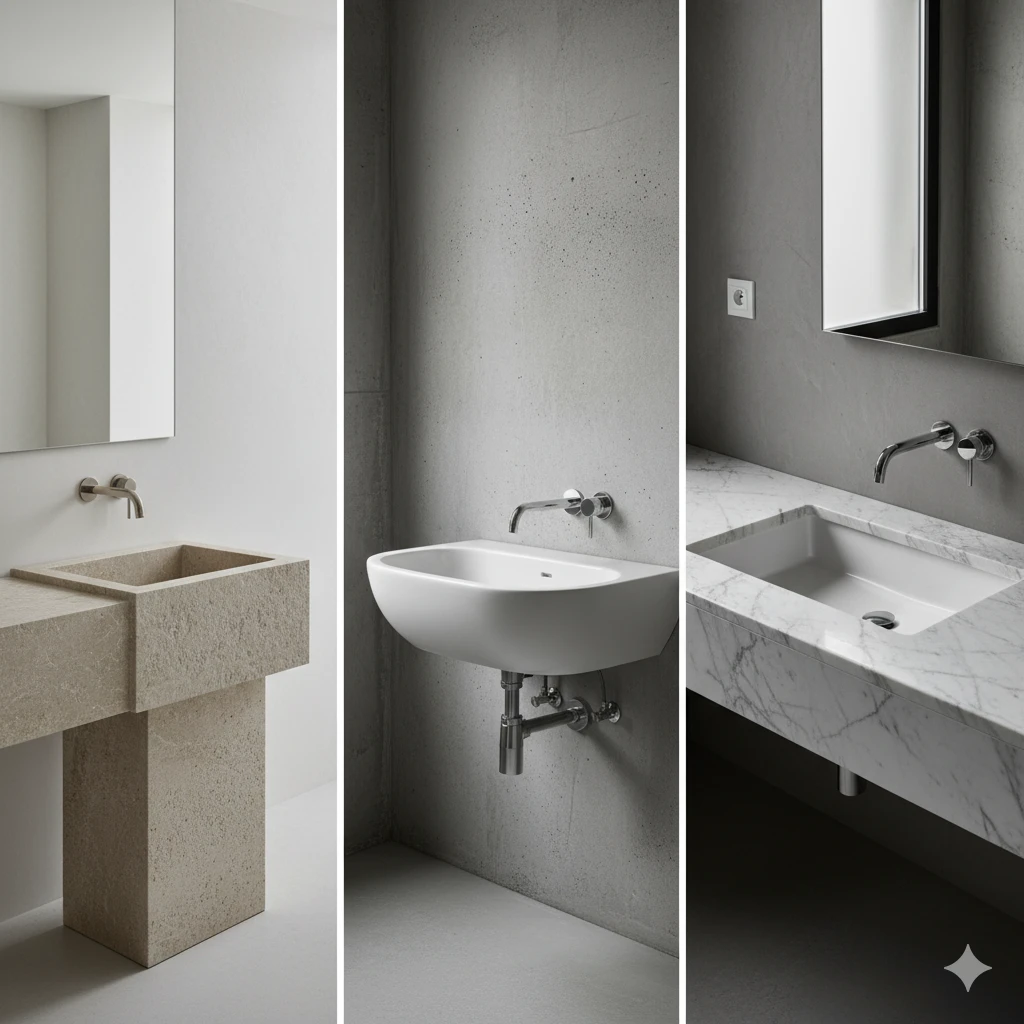 Integrated, wall-hung, and undermount sinks creating a seamless, built-in look for luxurious, coordinated hotel and resort bathroom designs.