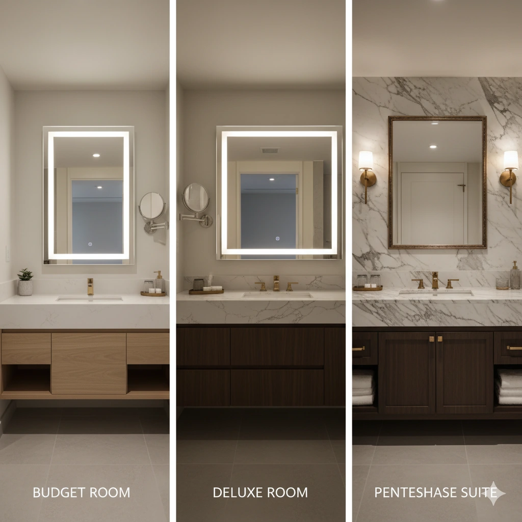 Hotel bathroom design showing quartz countertops in standard rooms for reliability and marble countertops in suites for luxury and prestige.