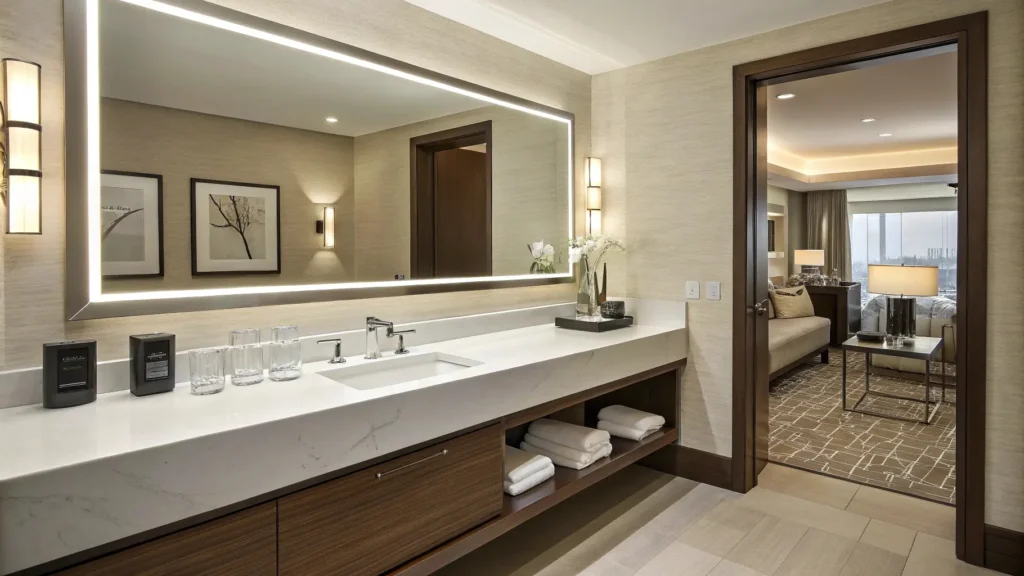 Quartz bathroom countertop highlighting moderate heat sensitivity, high cost, hardness, and visible seams in long installations for hotel projects.