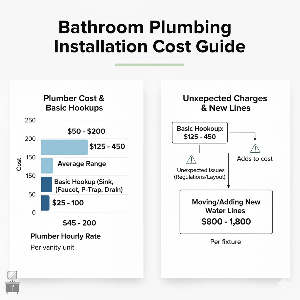 Chart showing plumbing labor costs of 45 to 200 dollars per hour and total sink hookup costs of 125 to 450 dollars per vanity, with rerouting water lines raising costs to 800 to 1,800 dollars per fixture.