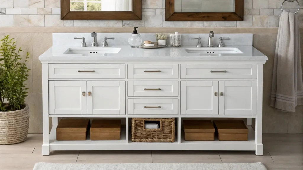 60-inch double sink vanity in a modern hotel bathroom, well-planned basin and faucet layout providing a spacious, functional, and luxurious guest experience.