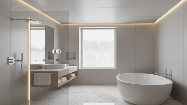 Interior view of a modern modular bathroom pod with an acrylic bathtub in a luxury European hotel, featuring white marble floor and natural light