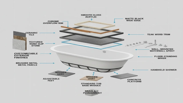 Modular bathtub exploded diagram showing standard base and customizable finishes, professional infographic style, labeled components.