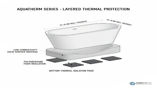 Technical diagram showing layered thermal insulation features including low-conductivity materials, thick walls, PU foam, and isolation pads.