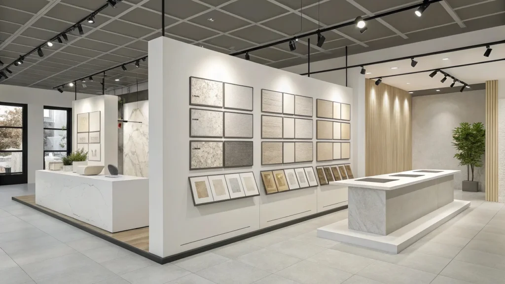 Light neutral quartz bathroom countertop in white, gray, or beige, offering a timeless, clean look that hides water spots and dust for hotel bathrooms.