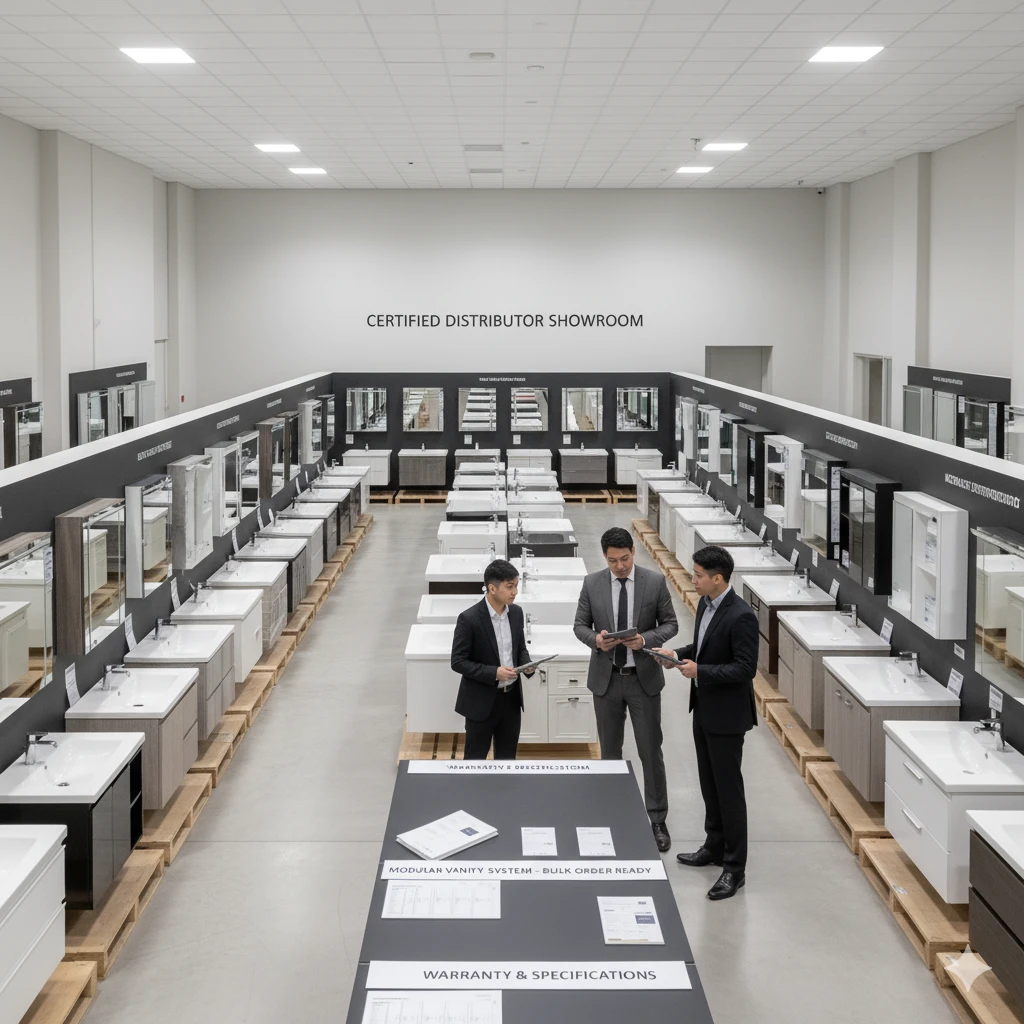 Illustration showing cost reduction strategies for large vanity projects, including bulk procurement, pre-assembled units, avoiding plumbing changes, and using warranties to cut installation costs by 20 to 40 percent.