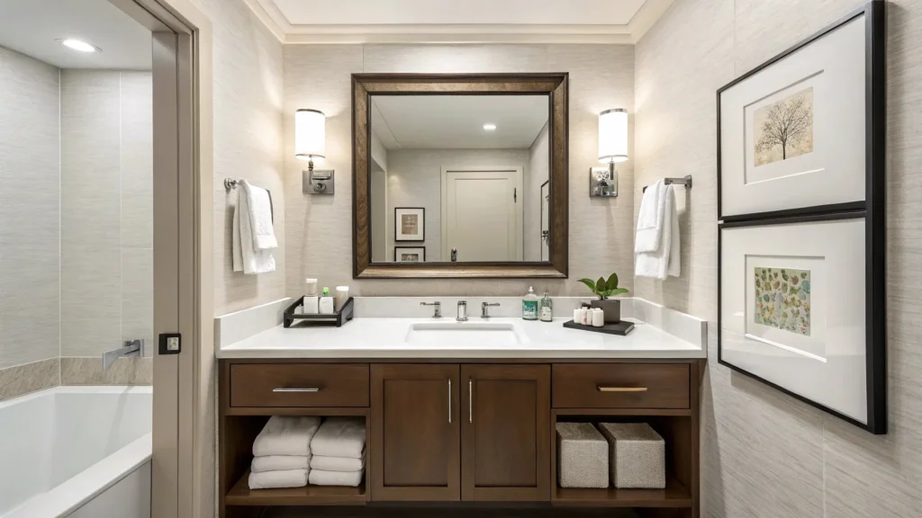 Diagram of a single hotel bathroom sink optimized for standard guest rooms: deep basin and generous counter space, cost- and maintenance-efficient for business and leisure travelers.