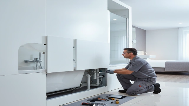 Technician accessing modular bathroom pod through removable panels to maintain an acrylic bathtub in a European hotel