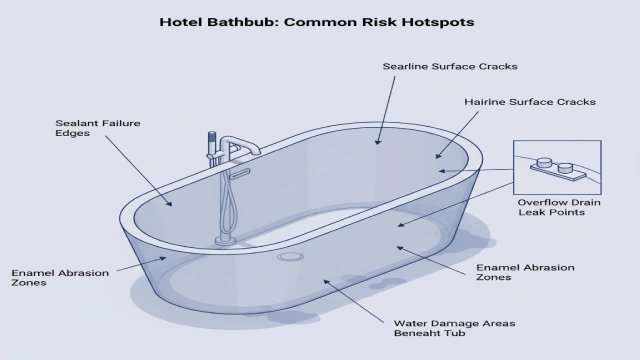 Diagram showing high-risk points of bathtubs in European hotel rooms