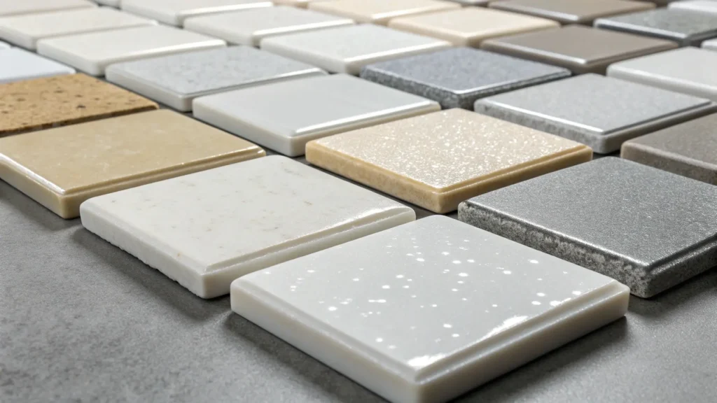 Polished quartz bathroom countertop reflecting light for brightness and easy cleaning, with a note on matte finishes showing water spots in hotel bathrooms.