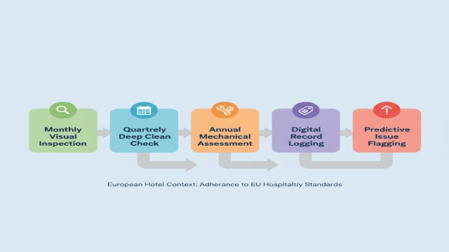 Workflow infographic showing monthly, quarterly, and annual hotel bathtub maintenance steps with digital tracking.