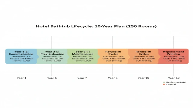 10-year bathtub lifecycle chart showing maintenance phases, refurbishment years, and cost impact for a 250-room hotel.
