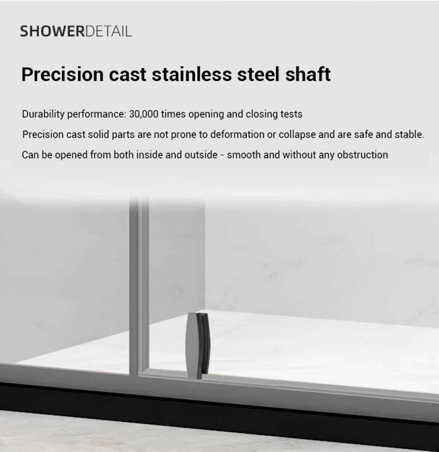 Close-up of precision-cast stainless steel pivot hinges designed for smooth, quiet two-way opening and tested for long-term durability over 30,000 cycles.