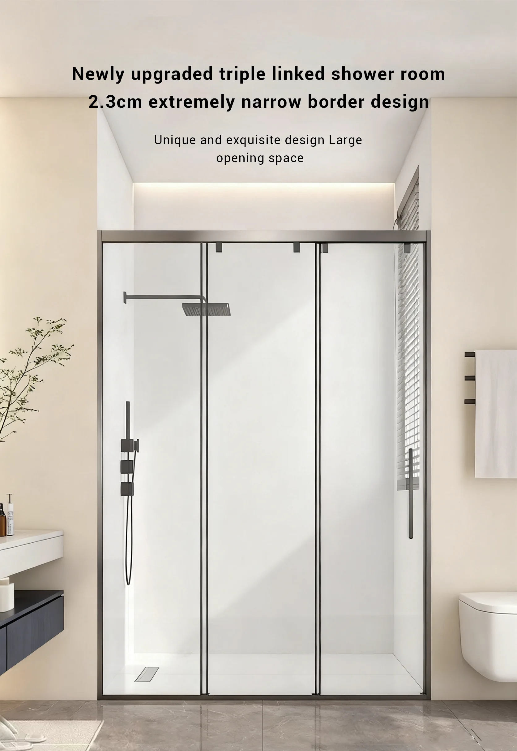 Shower enclosure with a 2.3cm ultra-narrow minimalist border, maximizing light flow and making the bathroom appear more spacious and modern.