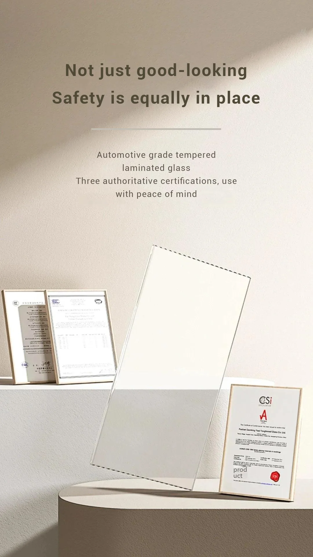 Laminated automotive-grade 8mm tempered glass with certifications for superior clarity, impact resistance, and safer breakage behavior.