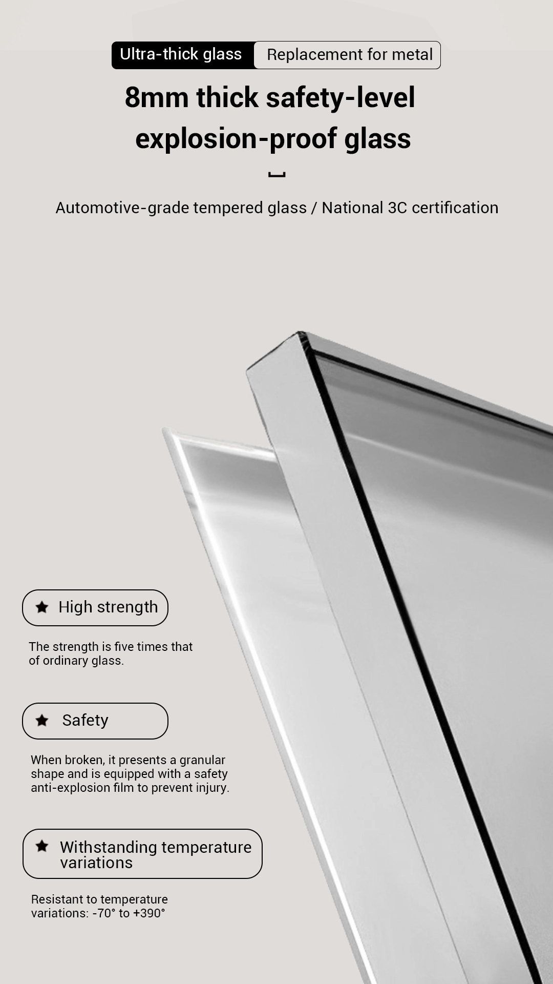 Close-up of 8–10mm automotive-grade tempered glass panel showing high impact resistance and superior strength compared with standard annealed glass.