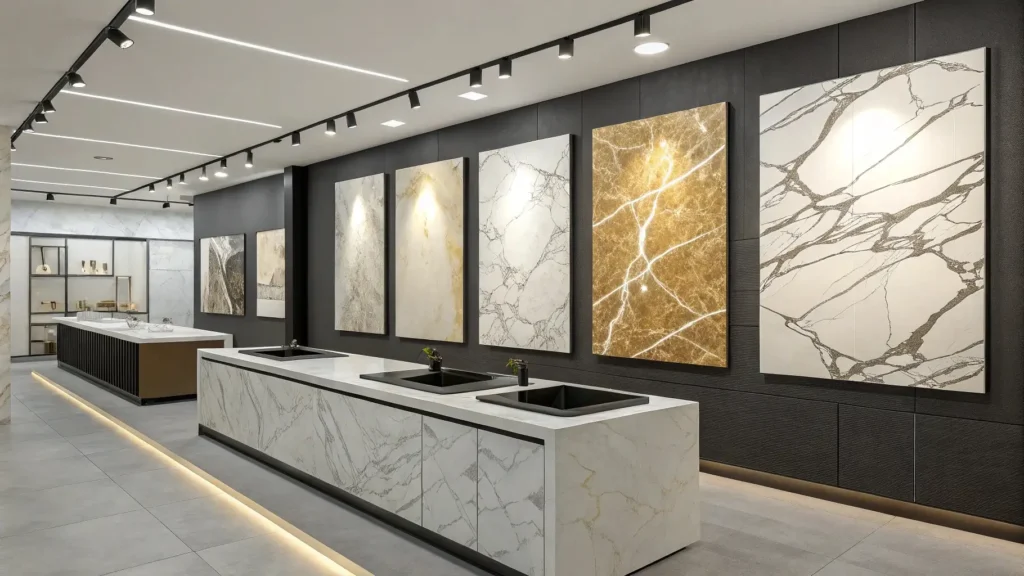 Quartz bathroom countertop showcasing a variety of colors, patterns, and finishes, mimicking marble or offering bold solid tones for luxury hotel designs.