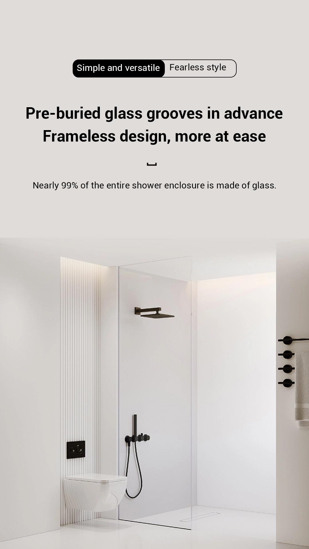 Slim-profile shower door with slender black frame and integrated glass groove — an almost-frameless, contemporary design that visually enlarges small bathrooms. Select 78 more words to run Humanizer.
