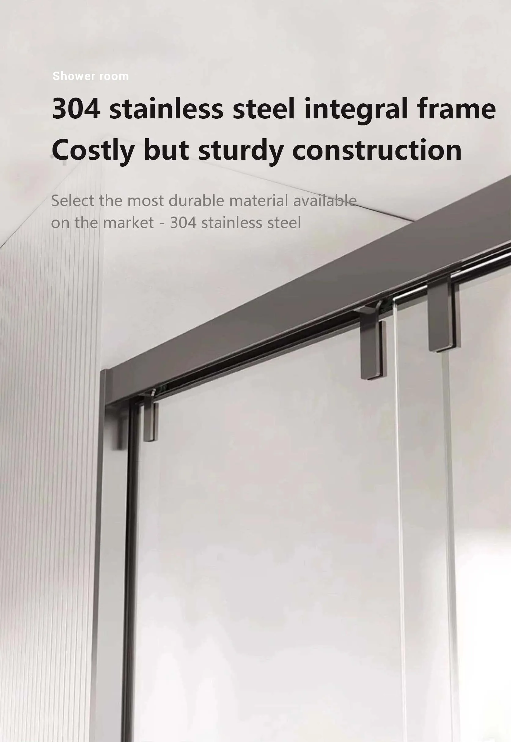 Shower door frame made of premium 304 stainless steel, offering superior corrosion resistance and durability in humid environments.
