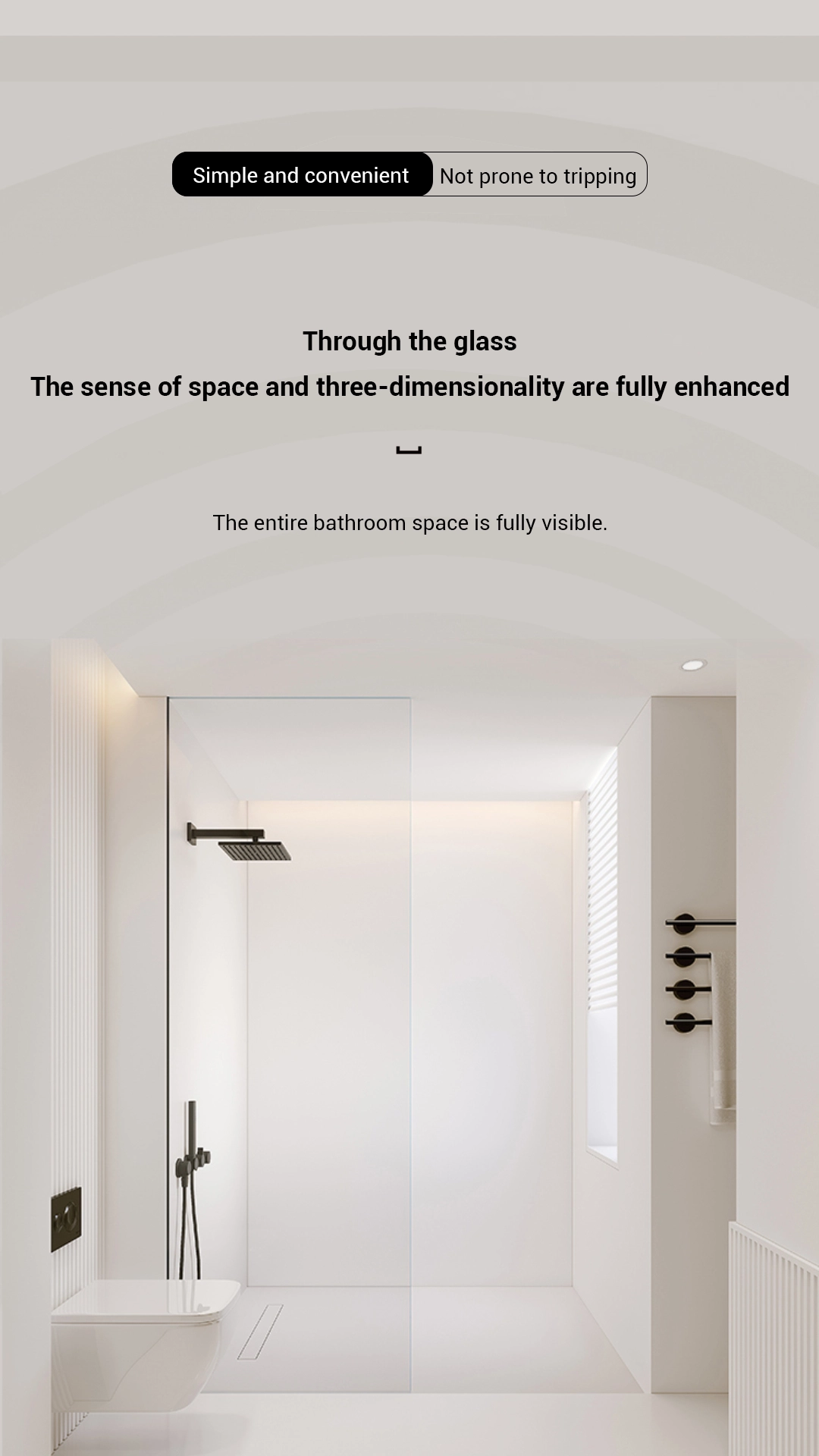 Ultra-clear and super-white shower glass options shown with high light transmission and minimal green tint, providing a bright, crisp, gallery-like bathroom look.