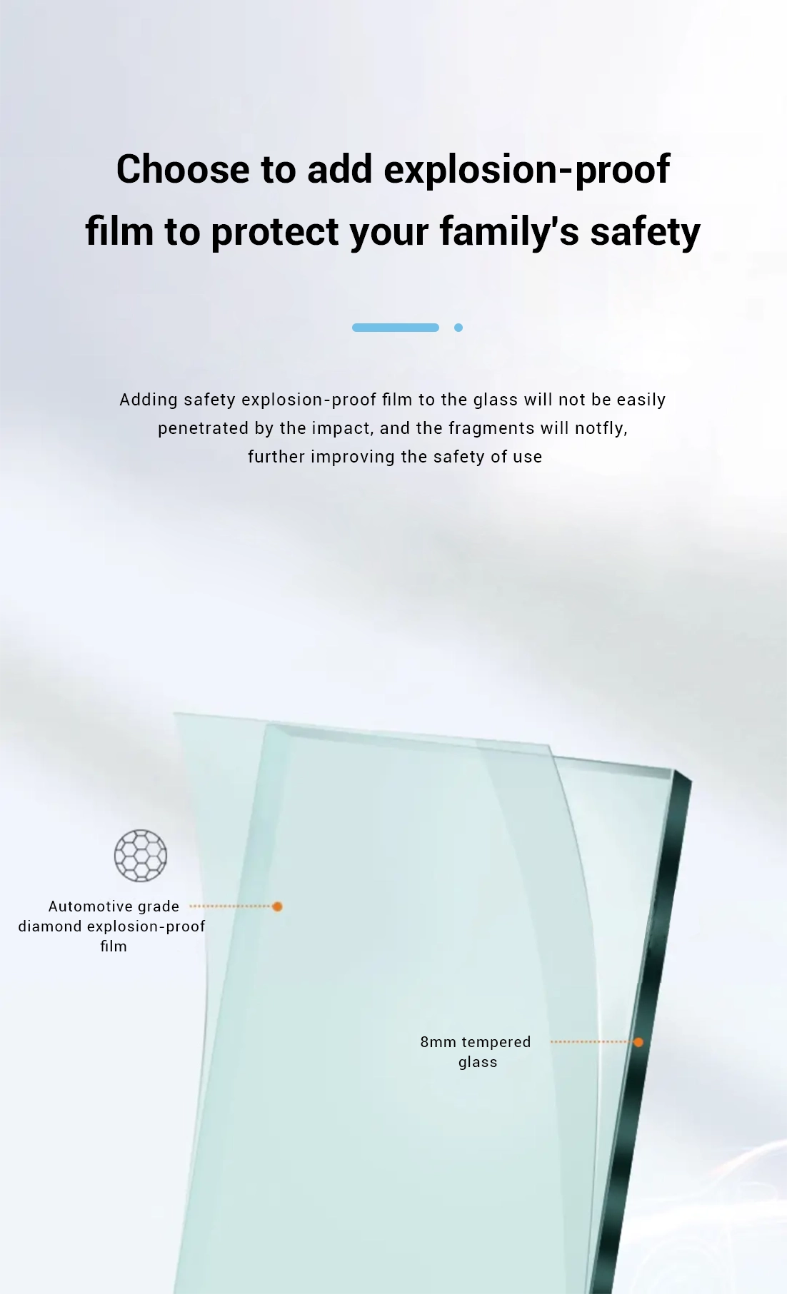 Glass protected with automotive-grade diamond explosion-proof film, preventing shattering and flying debris to ensure family safety.